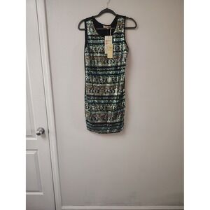 Aryeh Womens Sequin Geometric Mini Dress Black Teal Gold Sleeveless Medium NEW